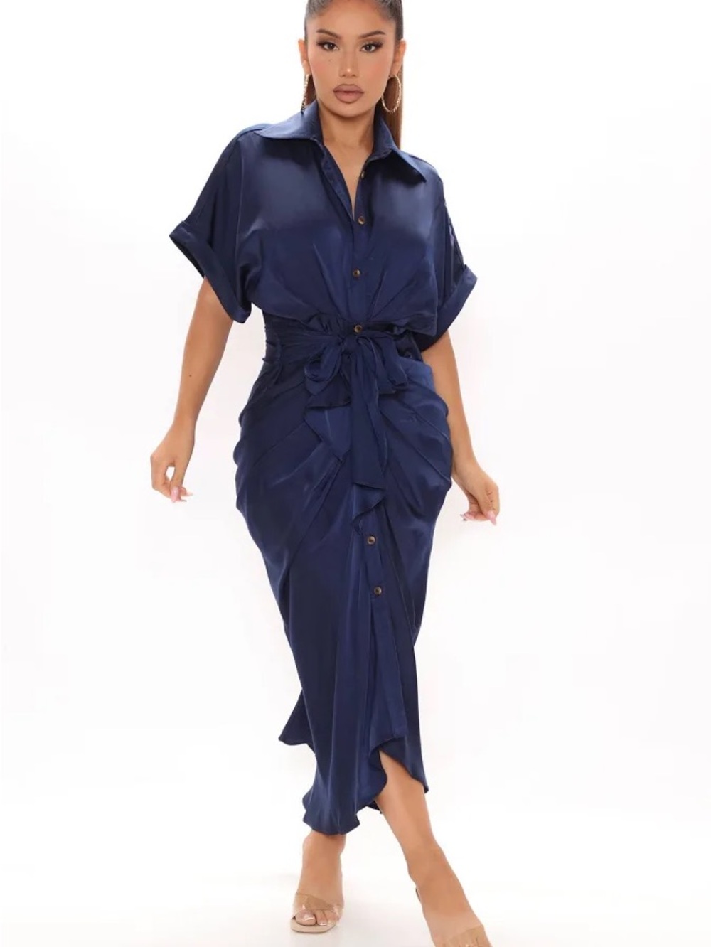 Fashion Nova Button Up Tie Waist Long Sleeve Stuck In The City Midi Dress
